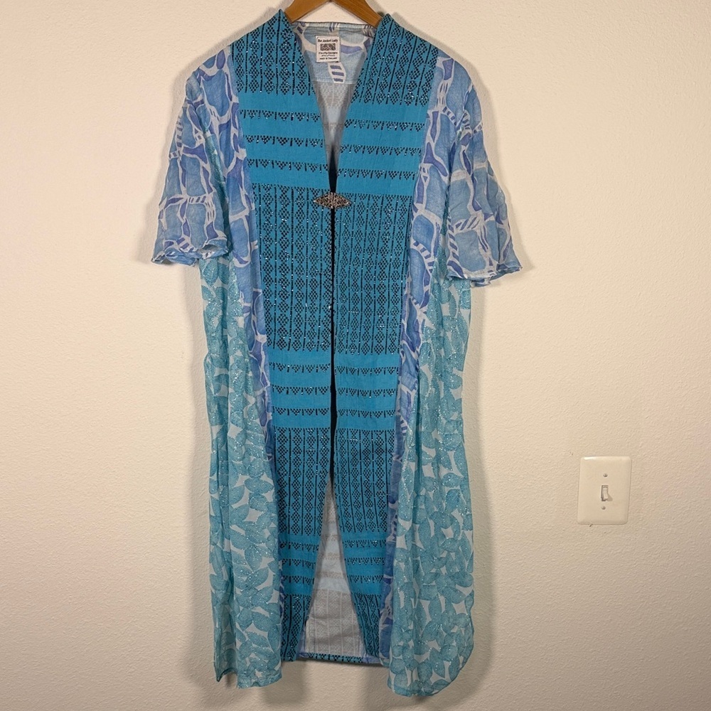 The Jacket Lady Lightweight Blue Patterned Kimono Duster size XL with pocket